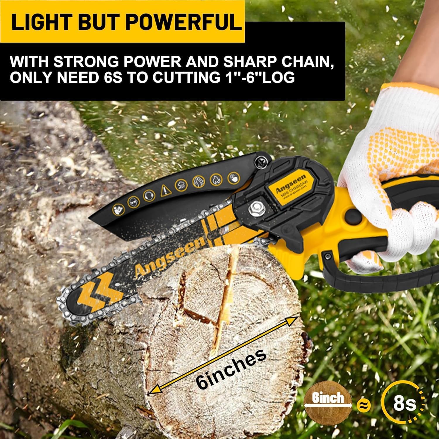 Angseen 6‑Inch Cordless Mini Chainsaw with 2 Batteries
